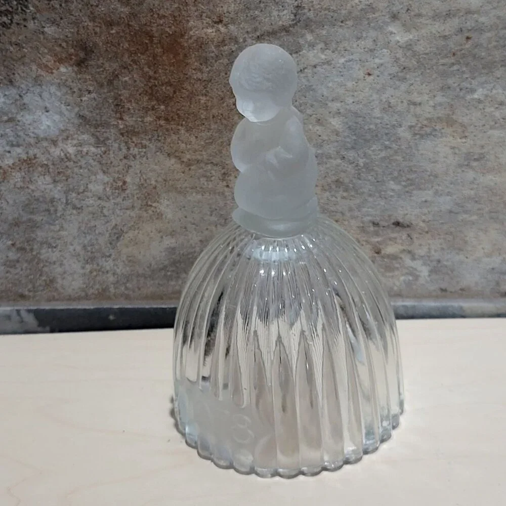 Vintage Ribbed Crystal Bell Frosted Glass Praying Child Figure 1978